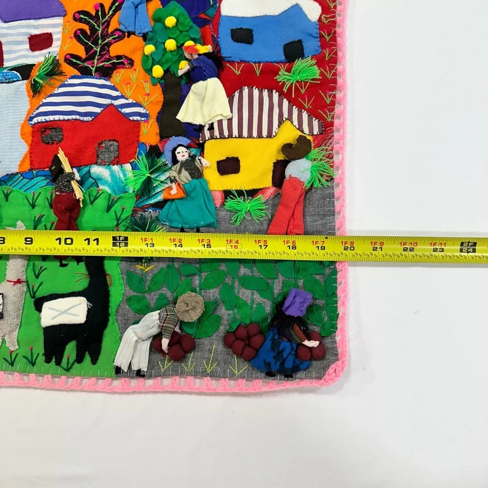 Vintage Peruvian Arpillera Cosecha Wall Hanging 20x20 Multicolor 3D Folk Art